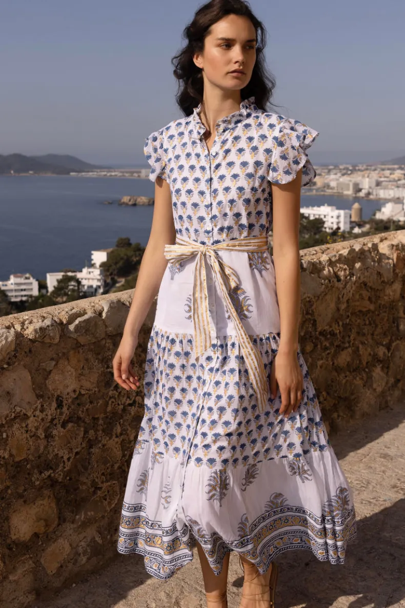 Ruffle Collar Button Maxi- Lotus Navy