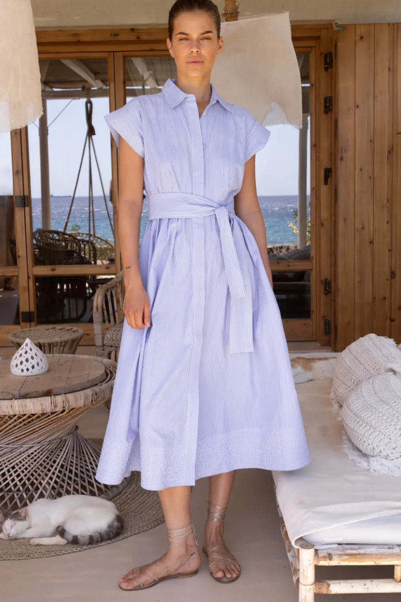Belted Shirt Dress- Chatham Blue