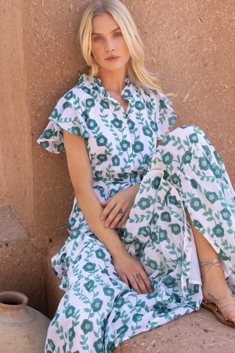 Ruffle Collar Button Maxi- Toscana Green