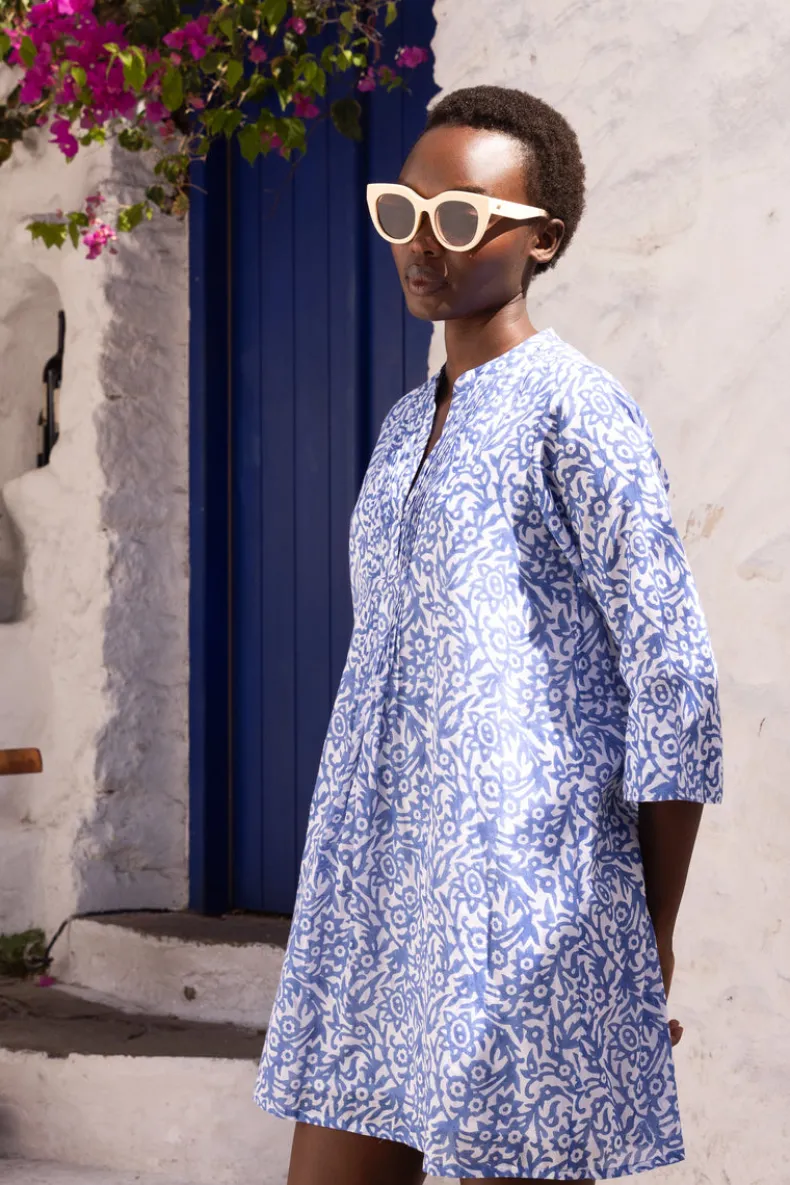 3/4 Sleeve Pintuck Short- Cypress Blue