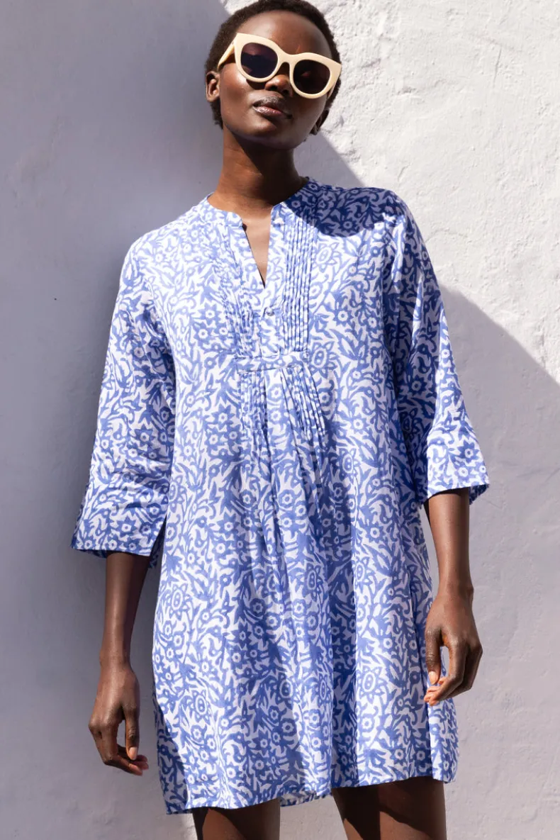 3/4 Sleeve Pintuck Short- Cypress Blue