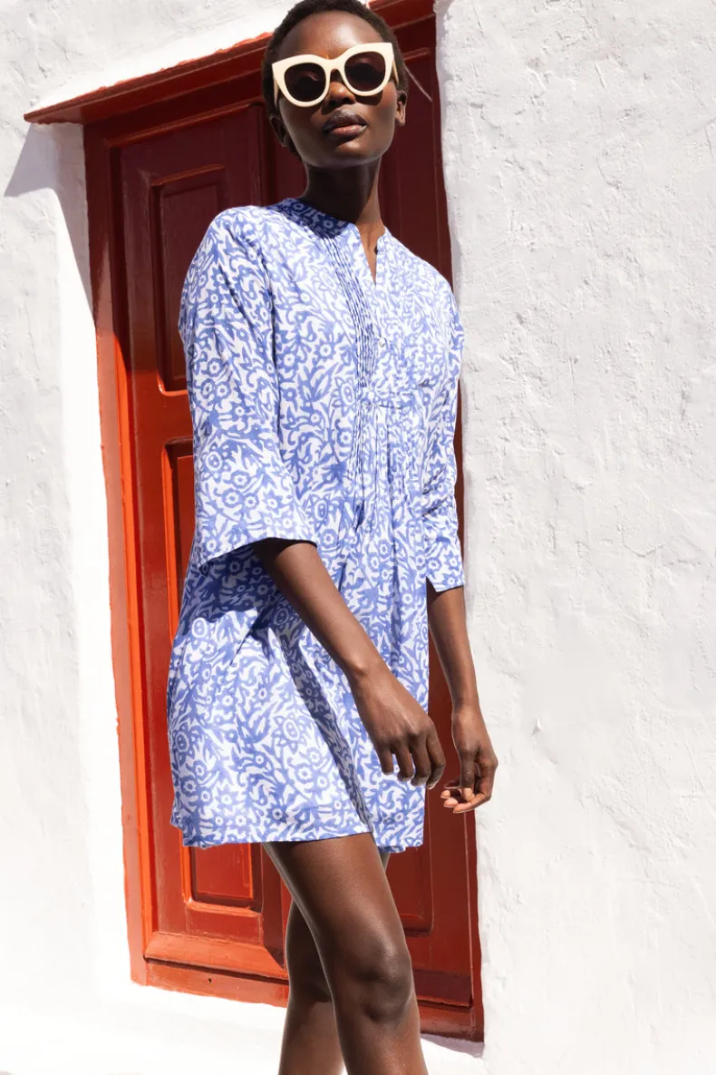 3/4 Sleeve Pintuck Short- Cypress Blue