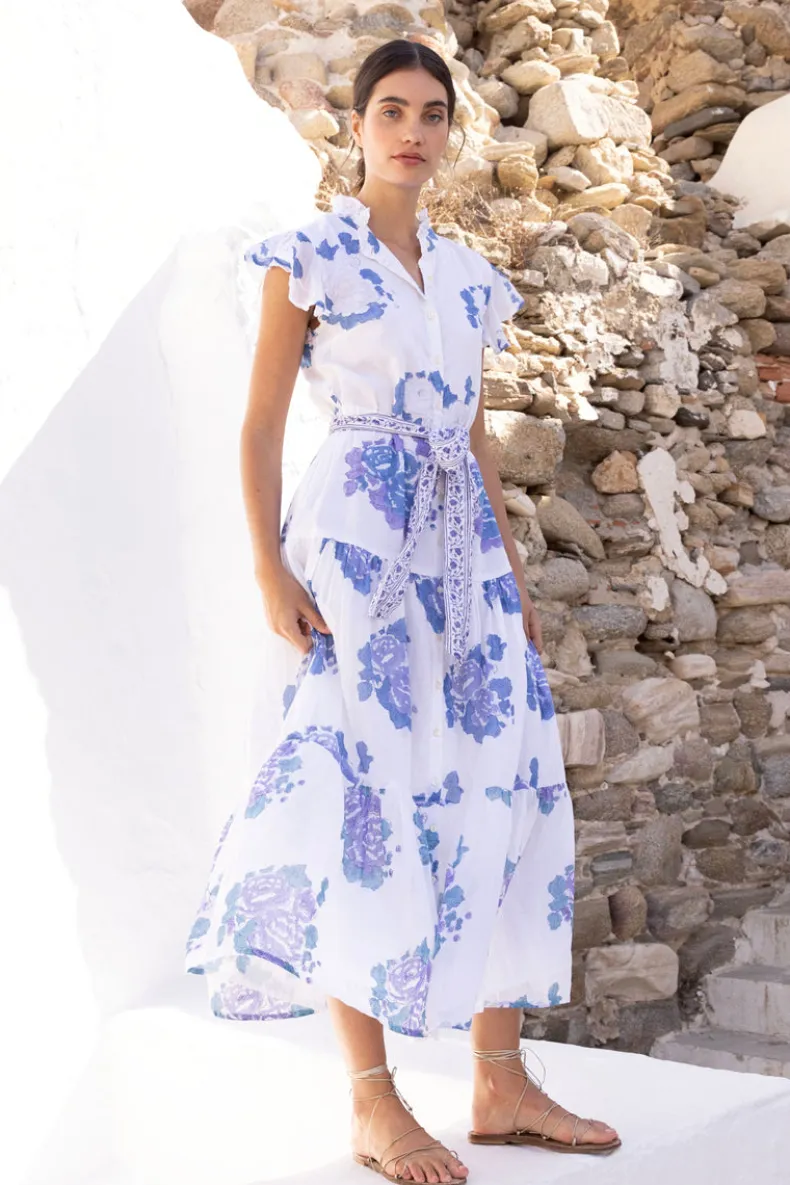 Ruffle Collar Button Maxi- Portofino Blue