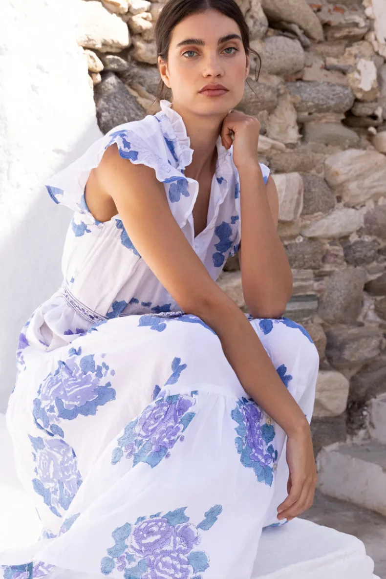 Ruffle Collar Button Maxi- Portofino Blue