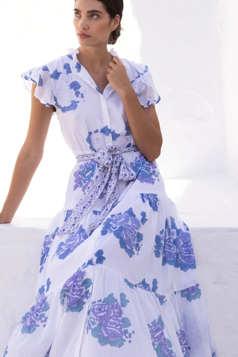 Ruffle Collar Button Maxi- Portofino Blue