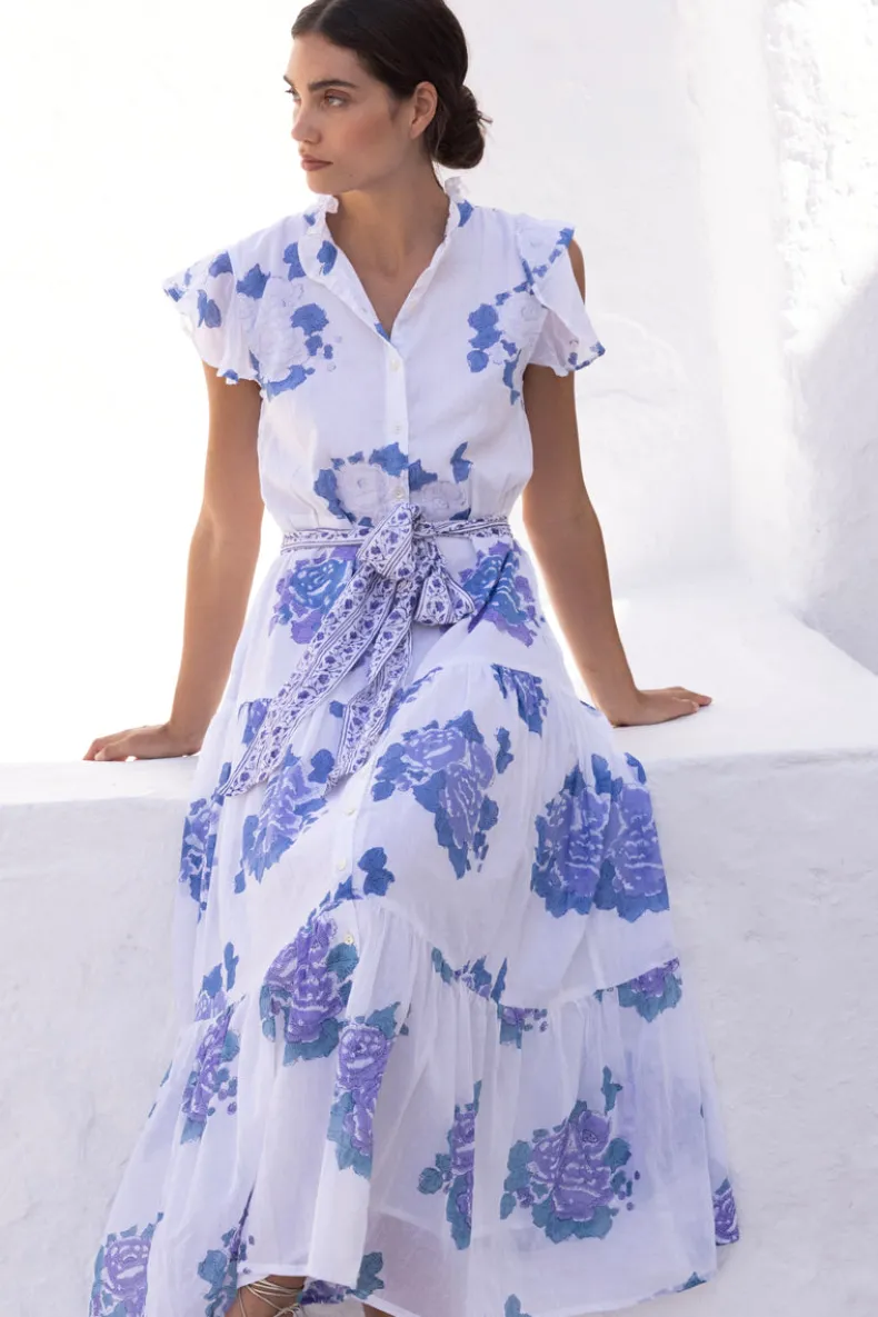 Ruffle Collar Button Maxi- Portofino Blue