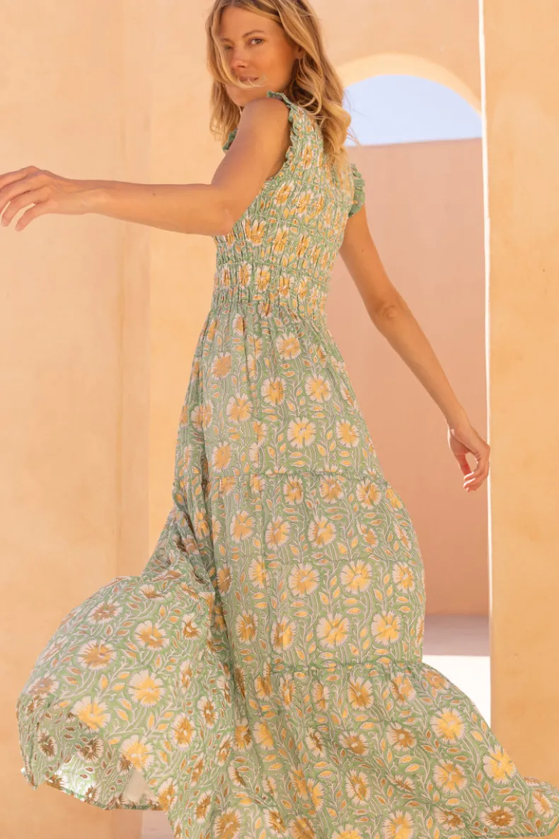 Sleeveless Smocked Maxi- Mughal Green
