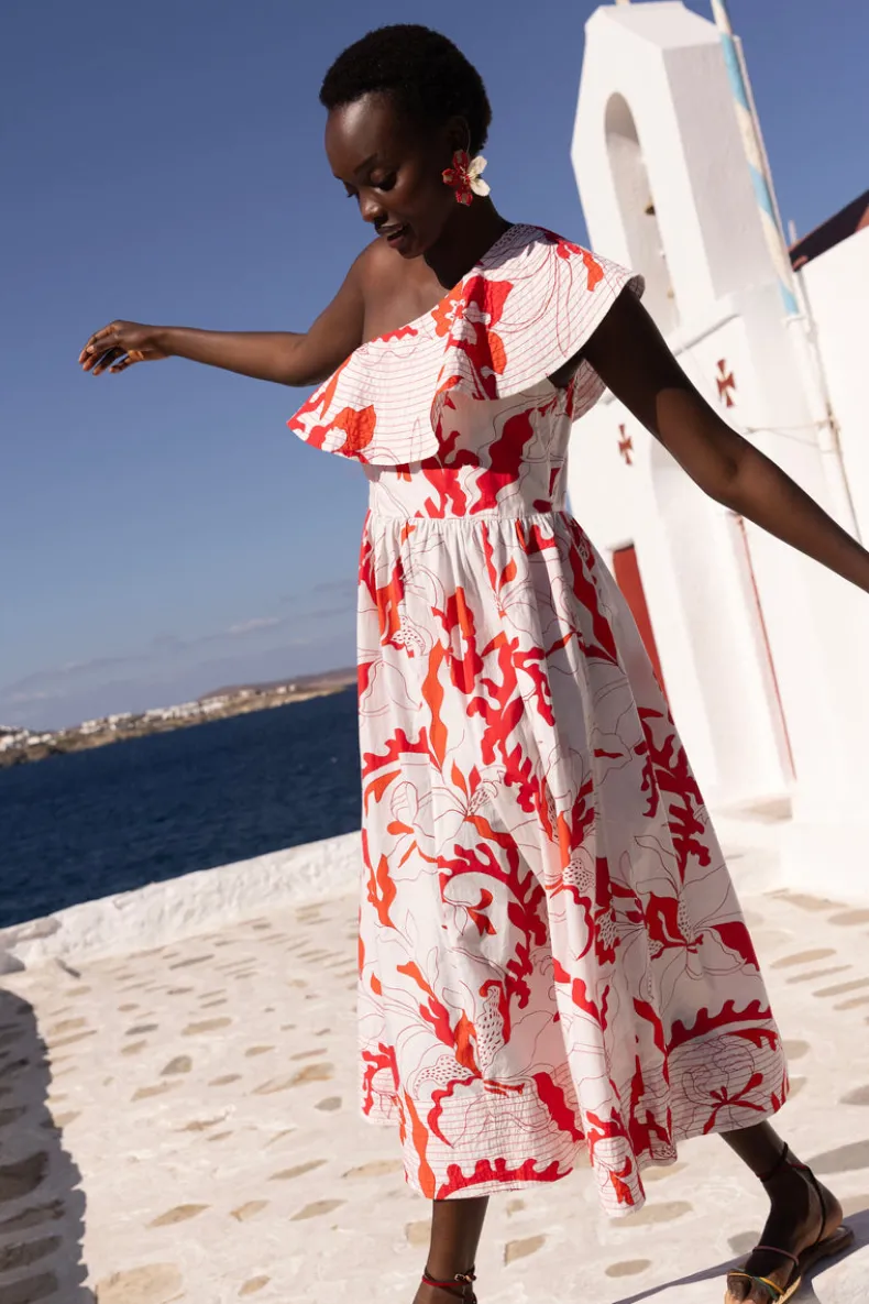 One Shoulder Ruffle Maxi- Orchid Red