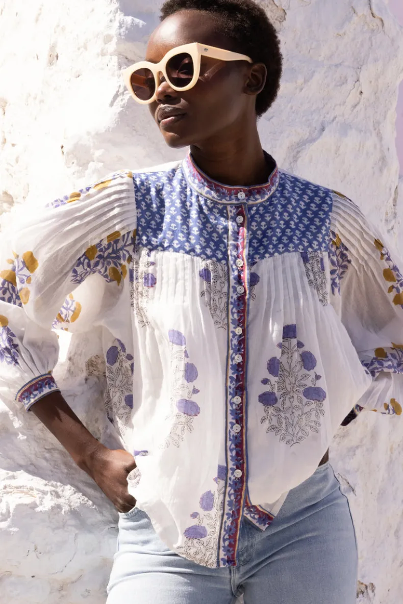 Mandarin Pintuck Blouse- Napa Blue