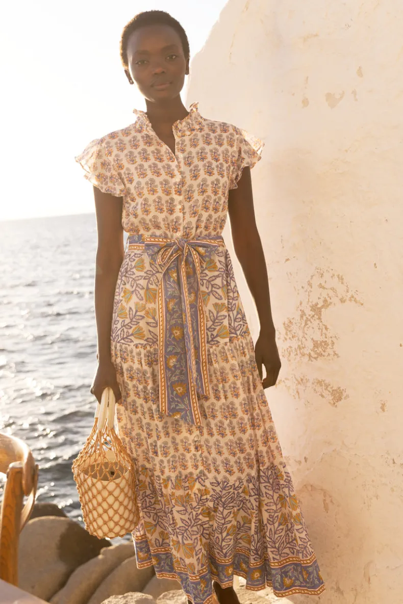 Ruffle Collar Button Maxi- Napa Blue