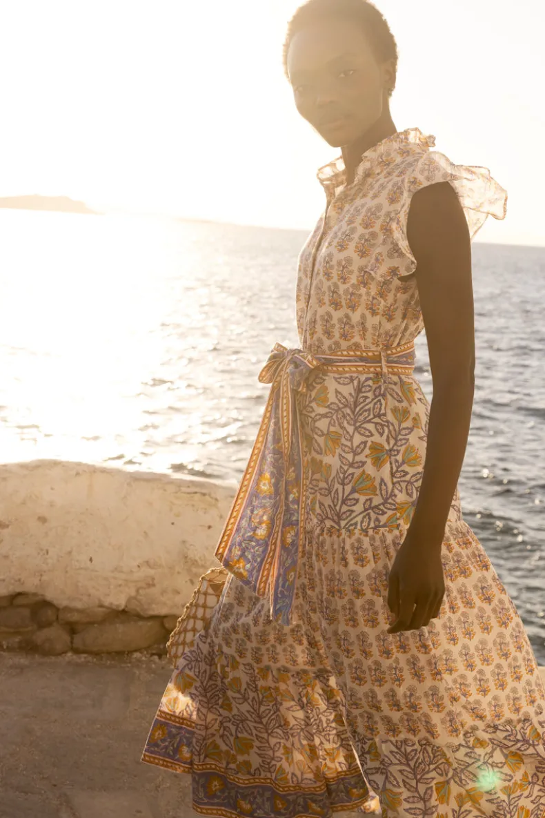 Ruffle Collar Button Maxi- Napa Blue