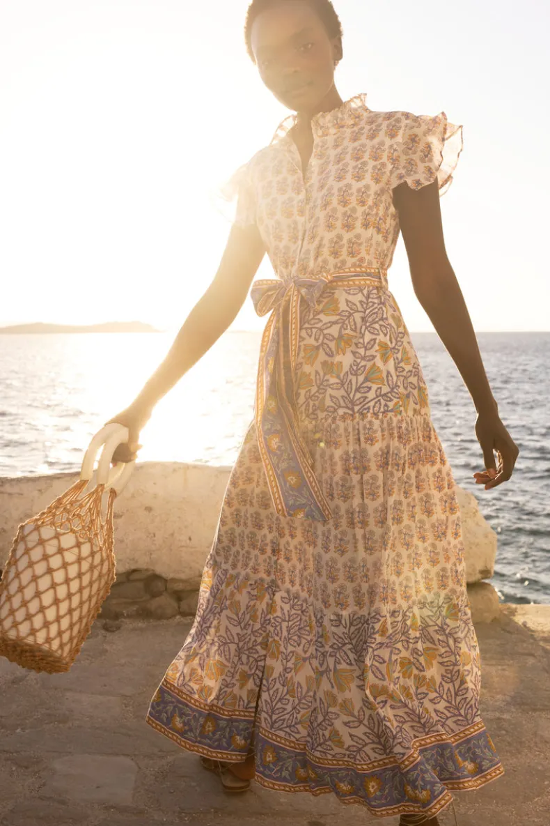 Ruffle Collar Button Maxi- Napa Blue