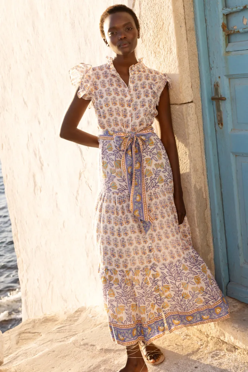 Ruffle Collar Button Maxi- Napa Blue