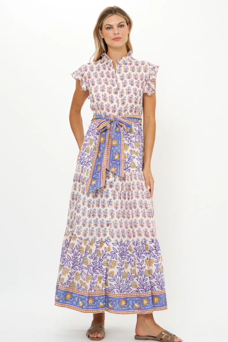 Ruffle Collar Button Maxi- Napa Blue