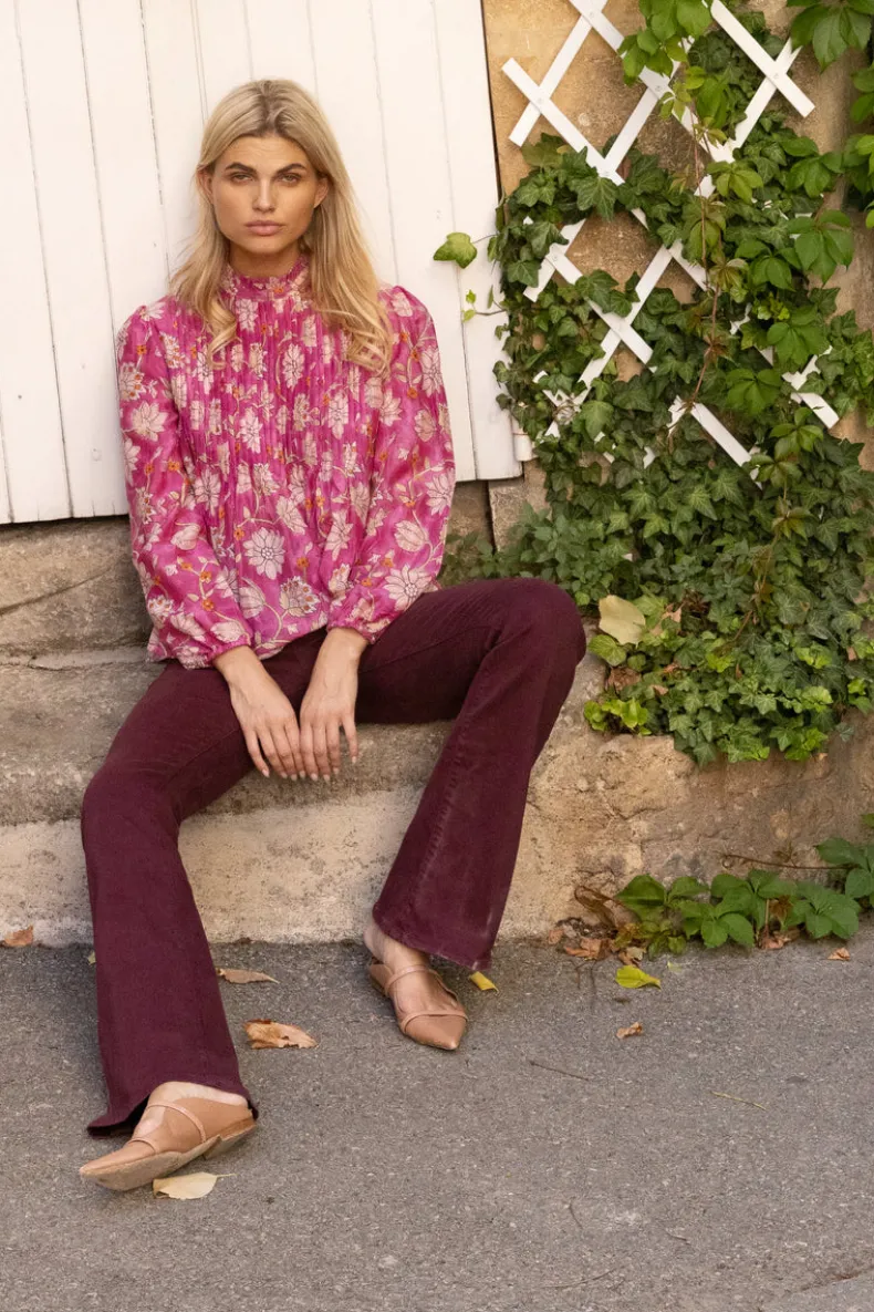 Long Sleeve Pintuck Blouse- Presidio Magenta