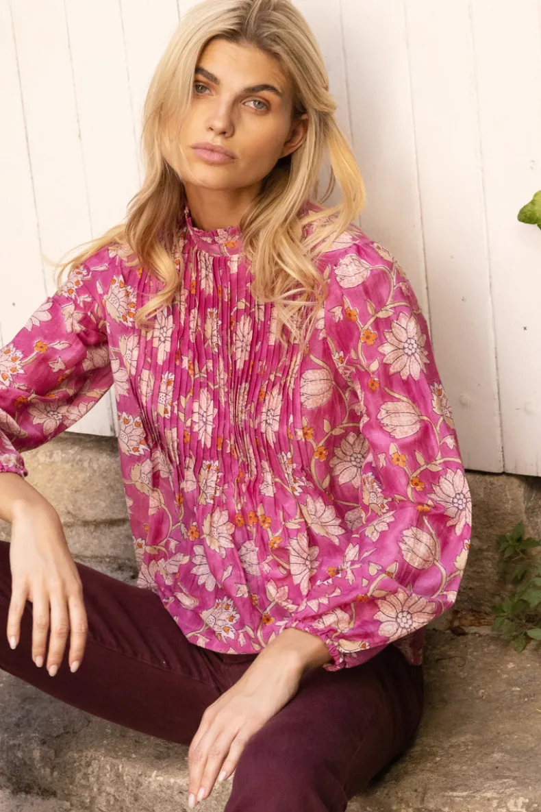 Long Sleeve Pintuck Blouse- Presidio Magenta