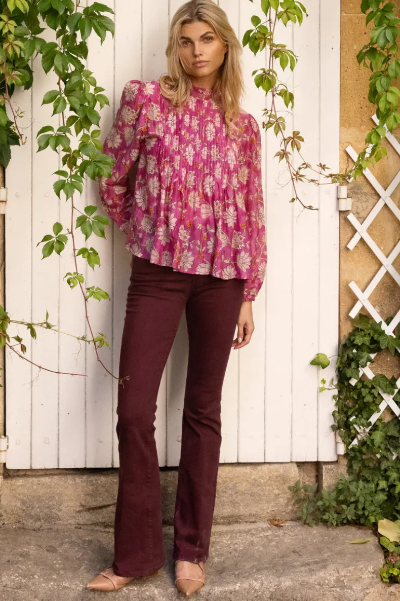 Long Sleeve Pintuck Blouse- Presidio Magenta