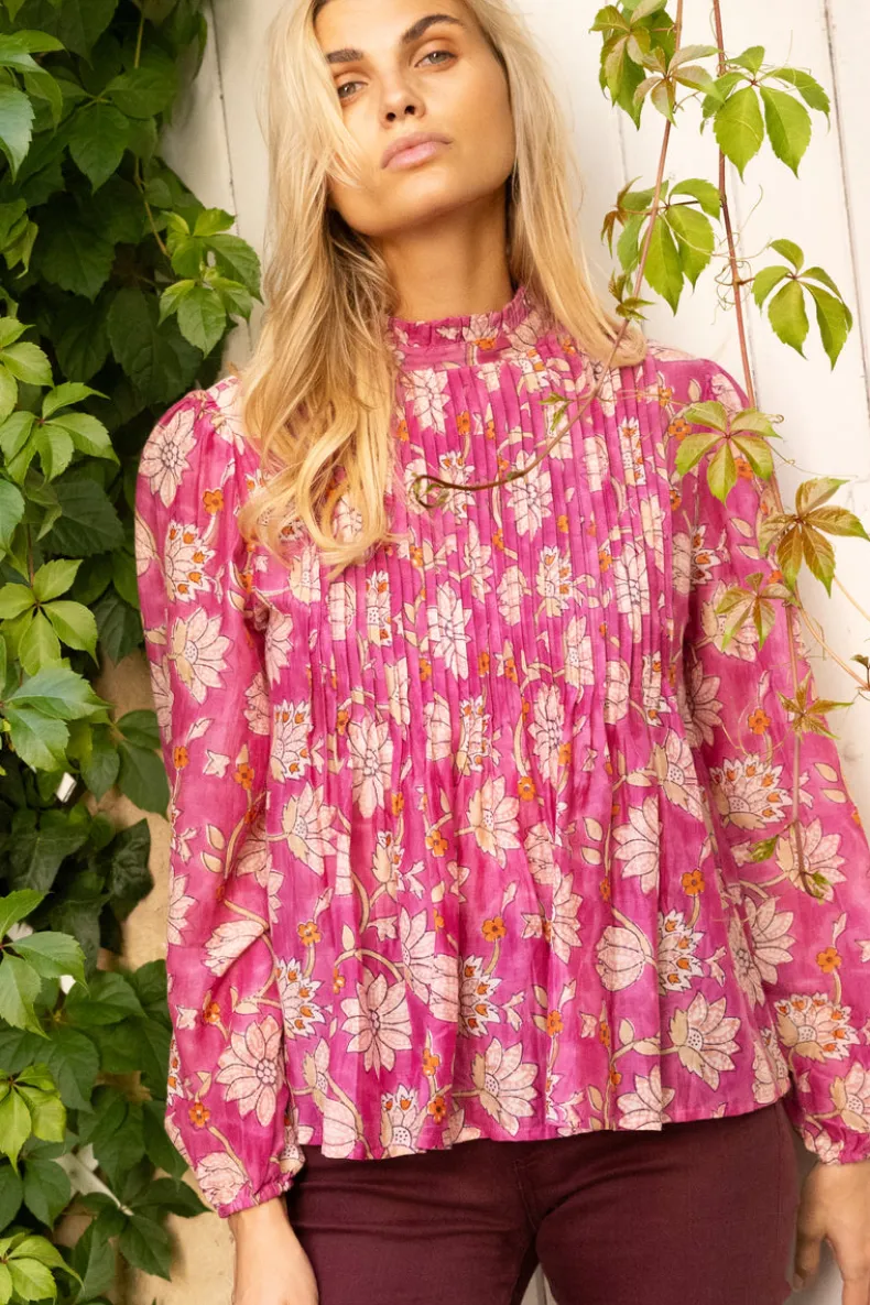 Long Sleeve Pintuck Blouse- Presidio Magenta