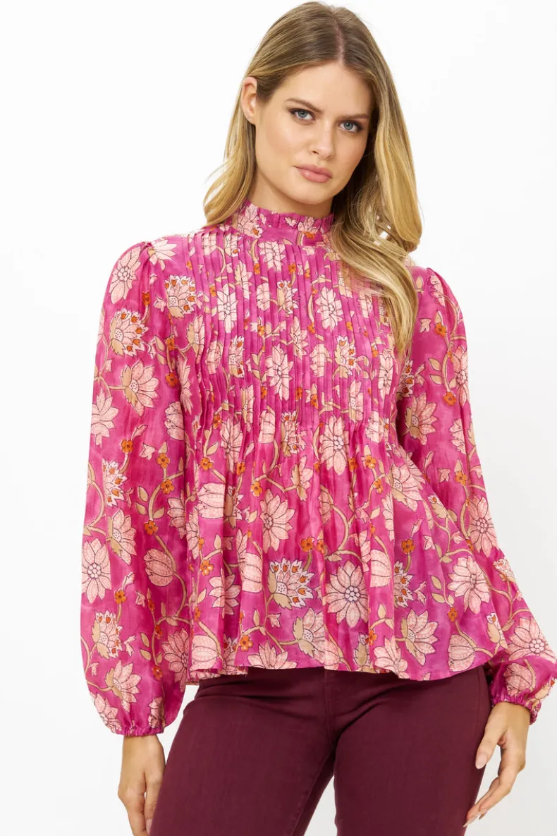 Long Sleeve Pintuck Blouse- Presidio Magenta