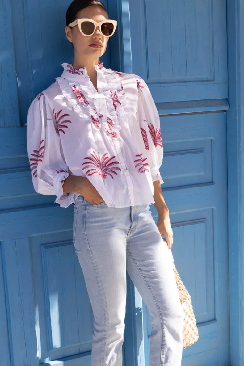 Ruffle Front Button Blouse- Canary Coral