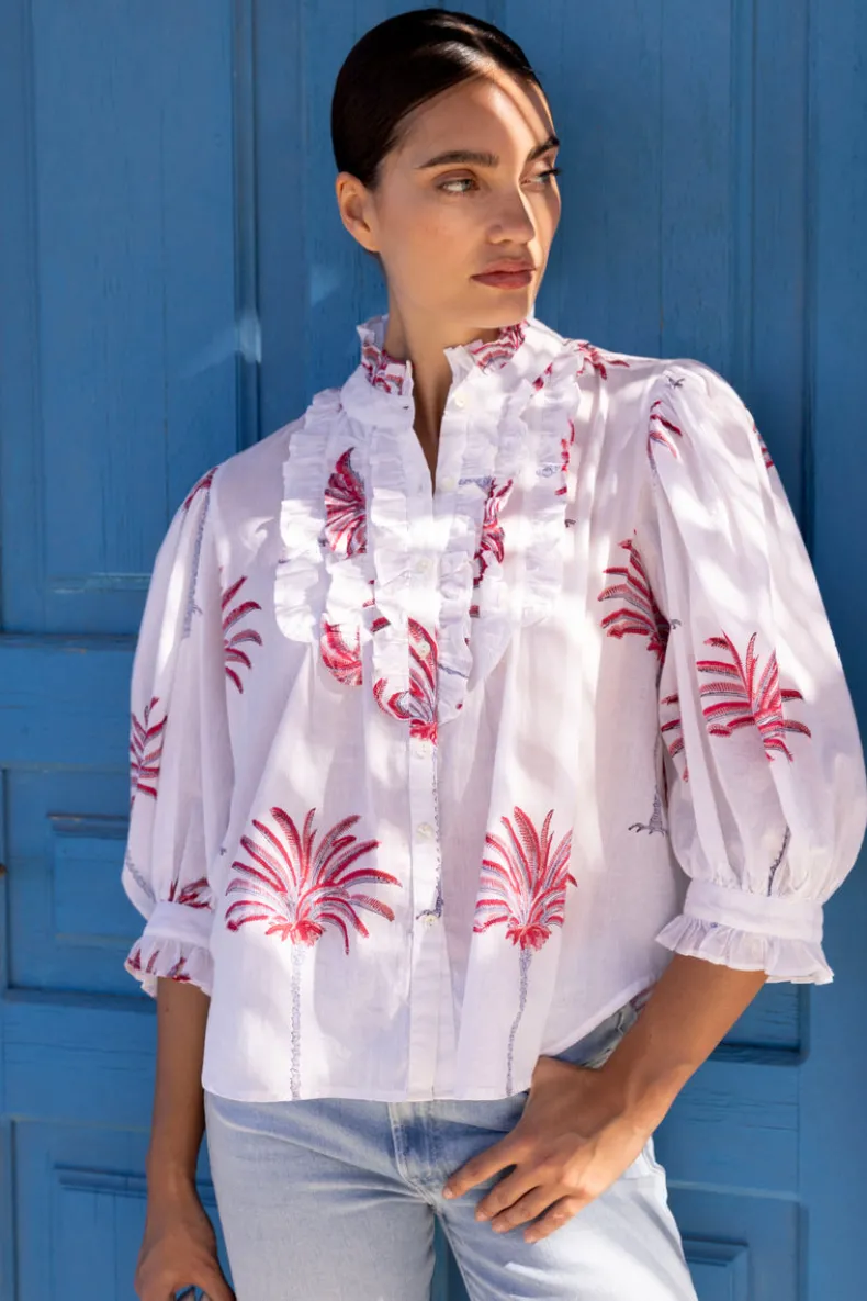 Ruffle Front Button Blouse- Canary Coral