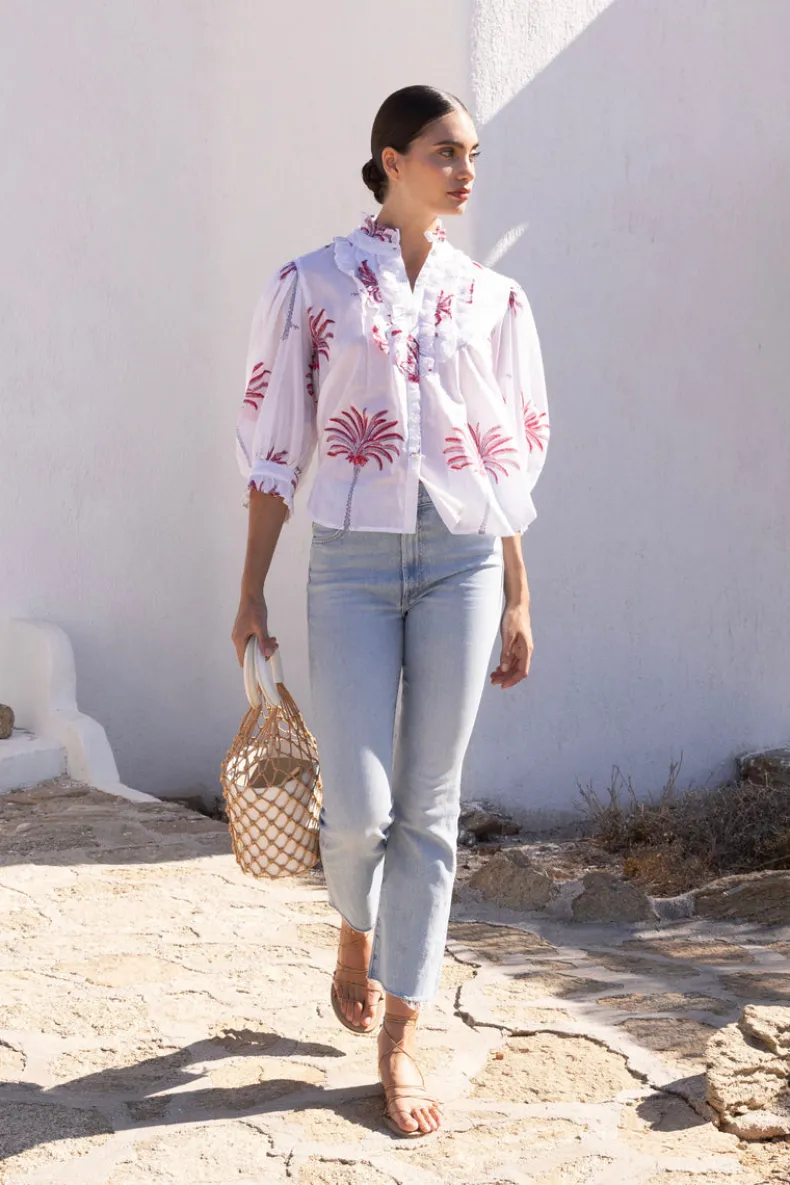 Ruffle Front Button Blouse- Canary Coral