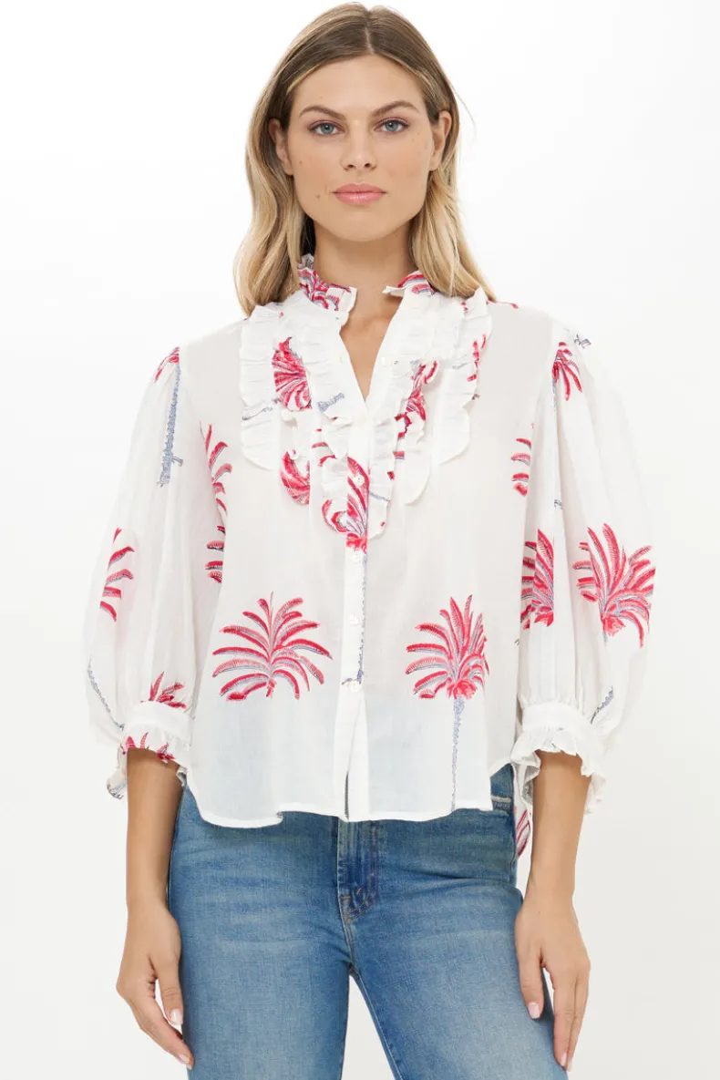 Ruffle Front Button Blouse- Canary Coral