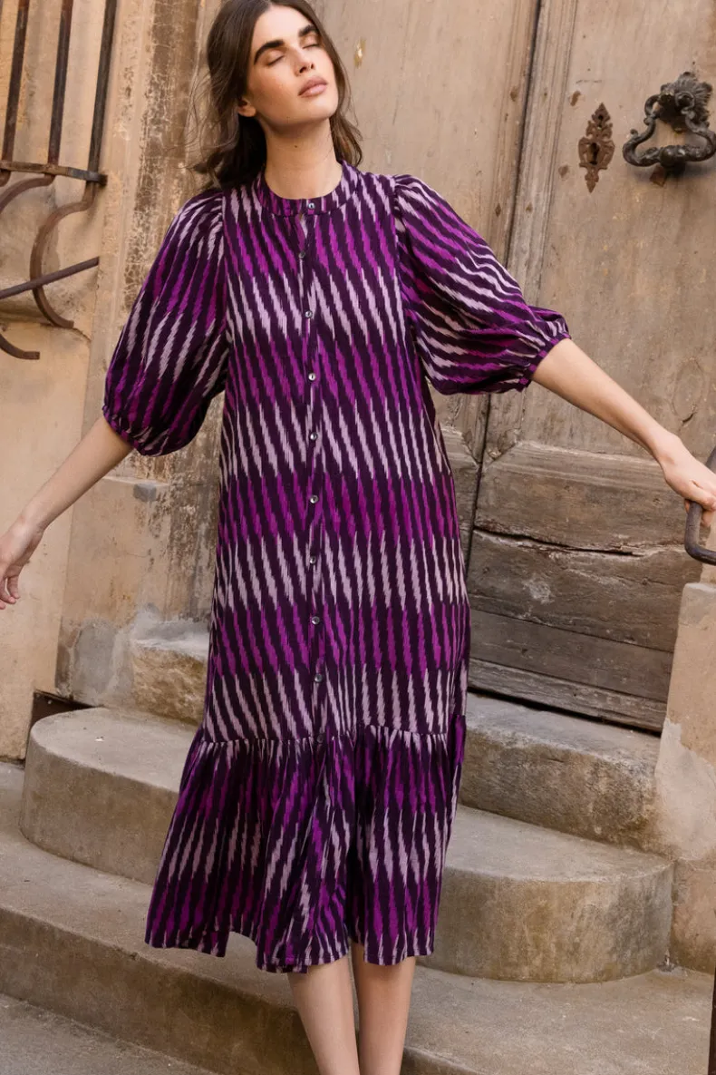 Button Puff Midi- Ikat Purple