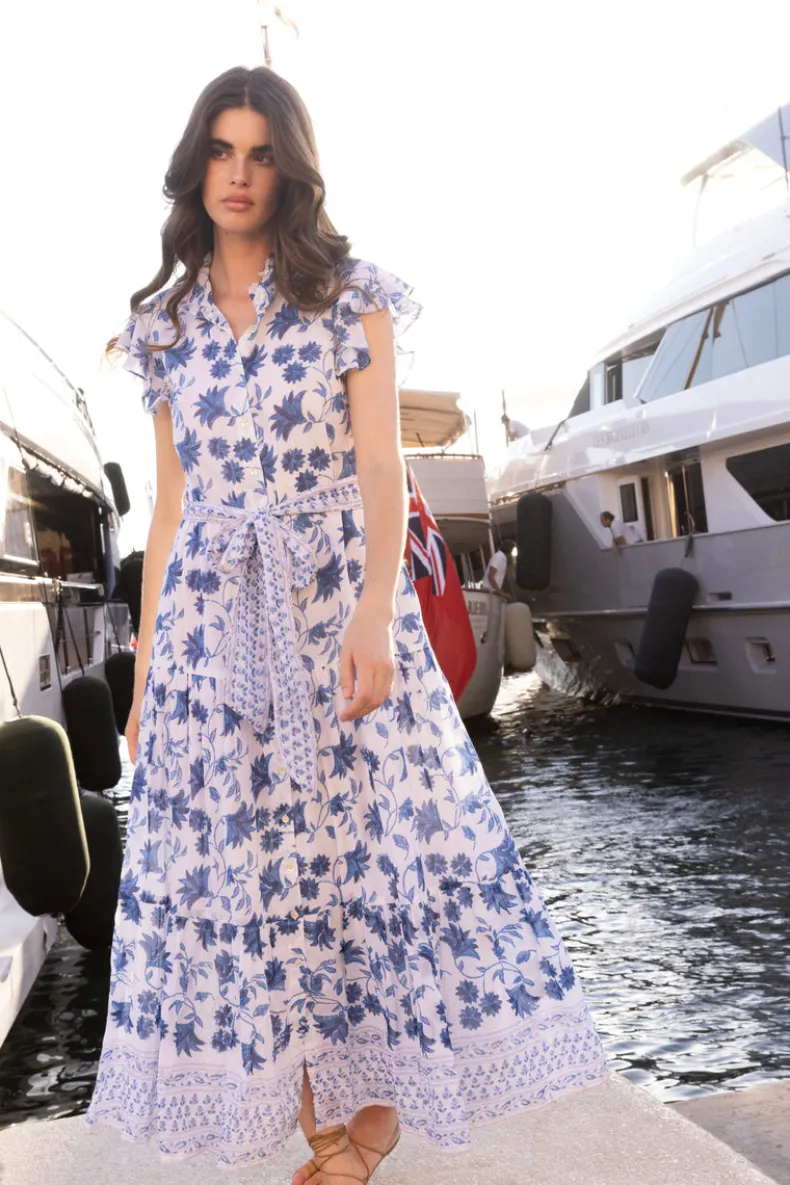 Ruffle Collar Button Maxi- Marion Blue