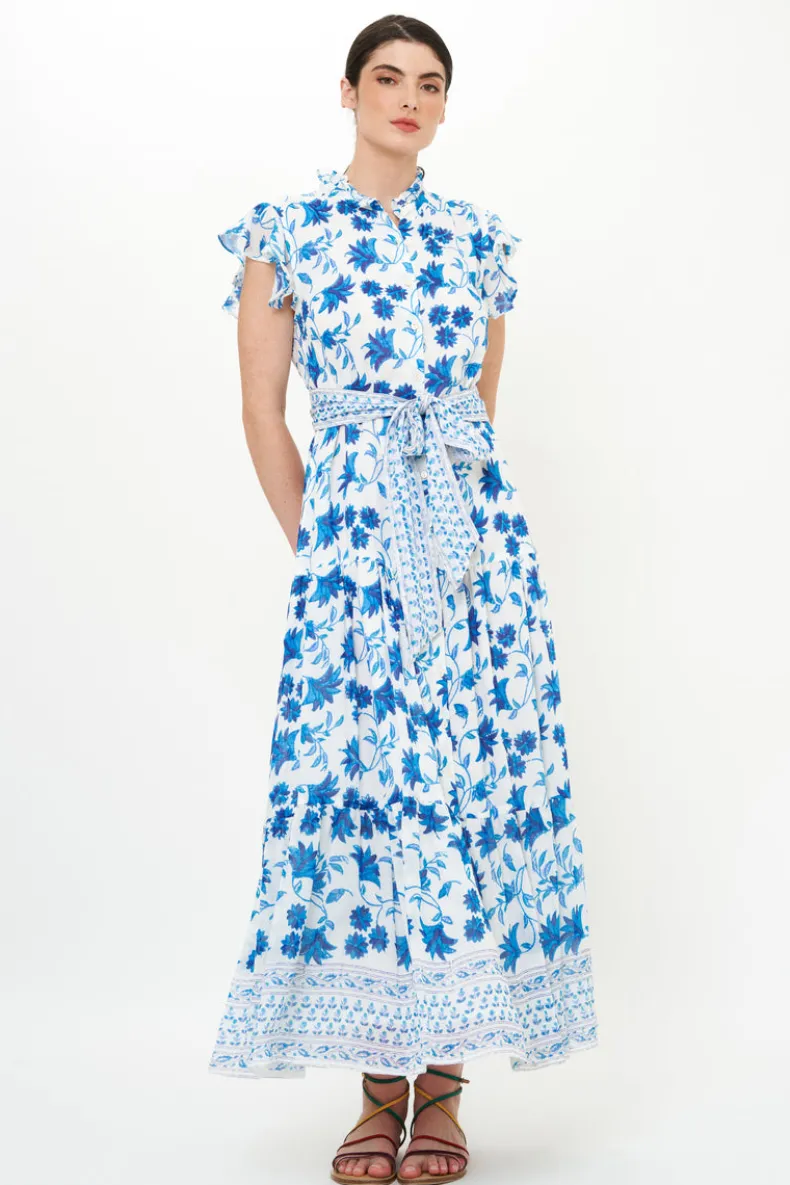 Ruffle Collar Button Maxi- Marion Blue