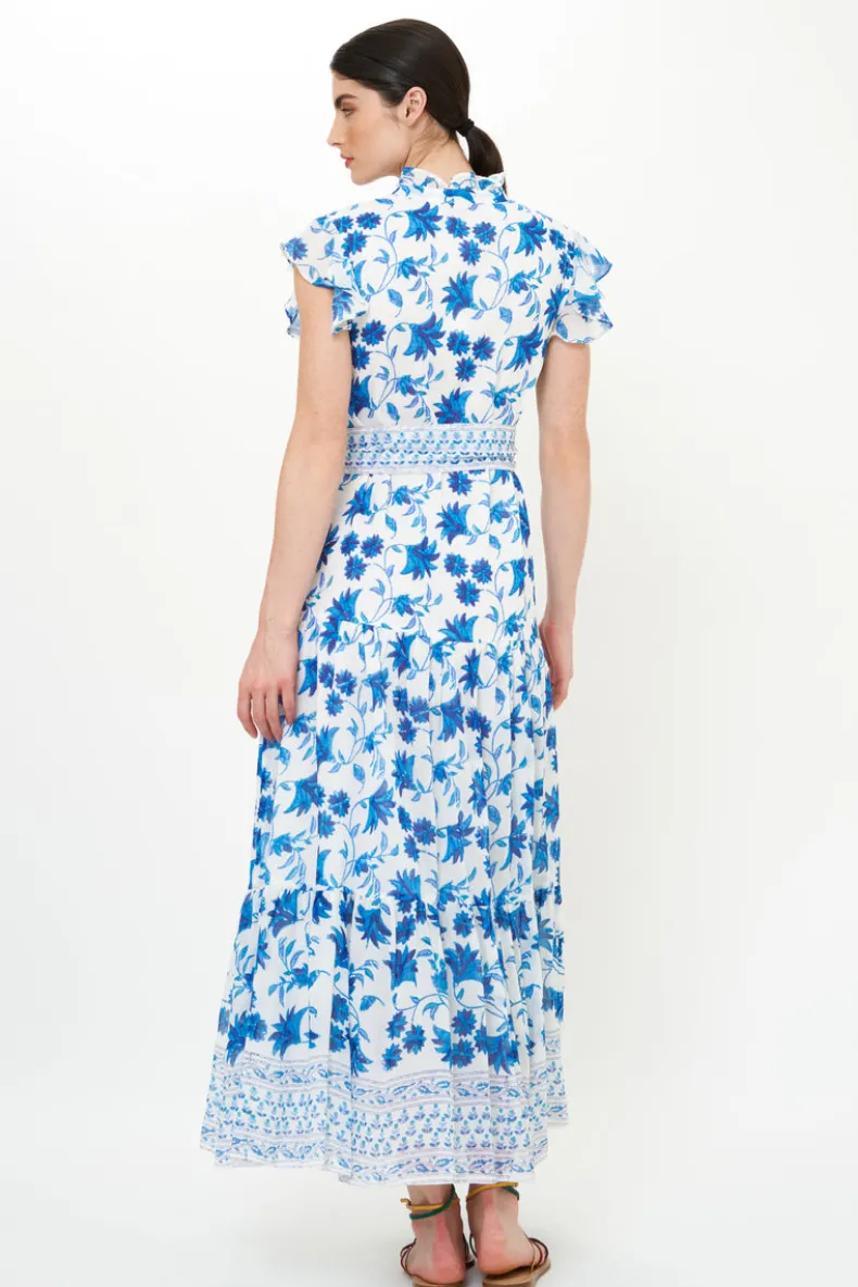 Ruffle Collar Button Maxi- Marion Blue