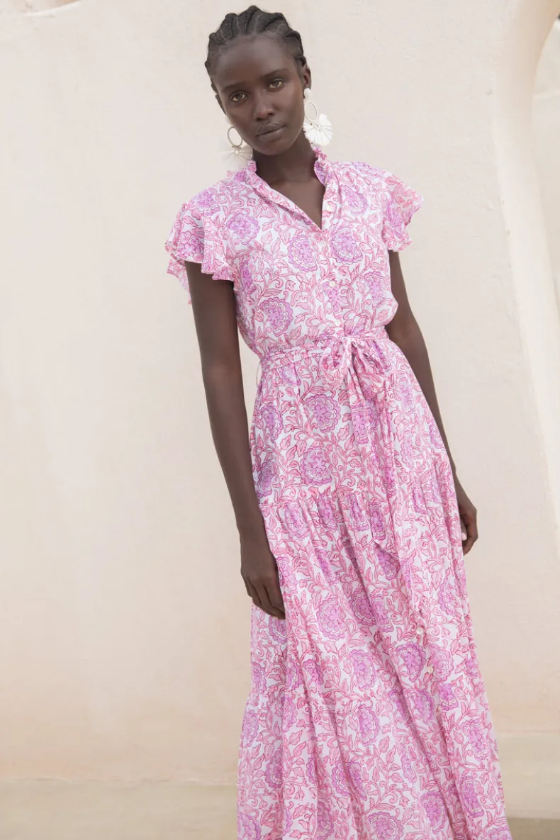 Ruffle Collar Button Maxi- Malta Pink