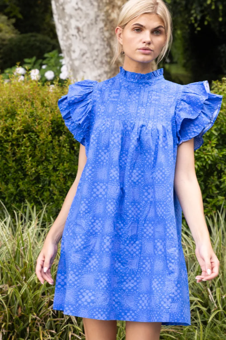 Pintuck Ruffle Mini Dress- Matrix Blue