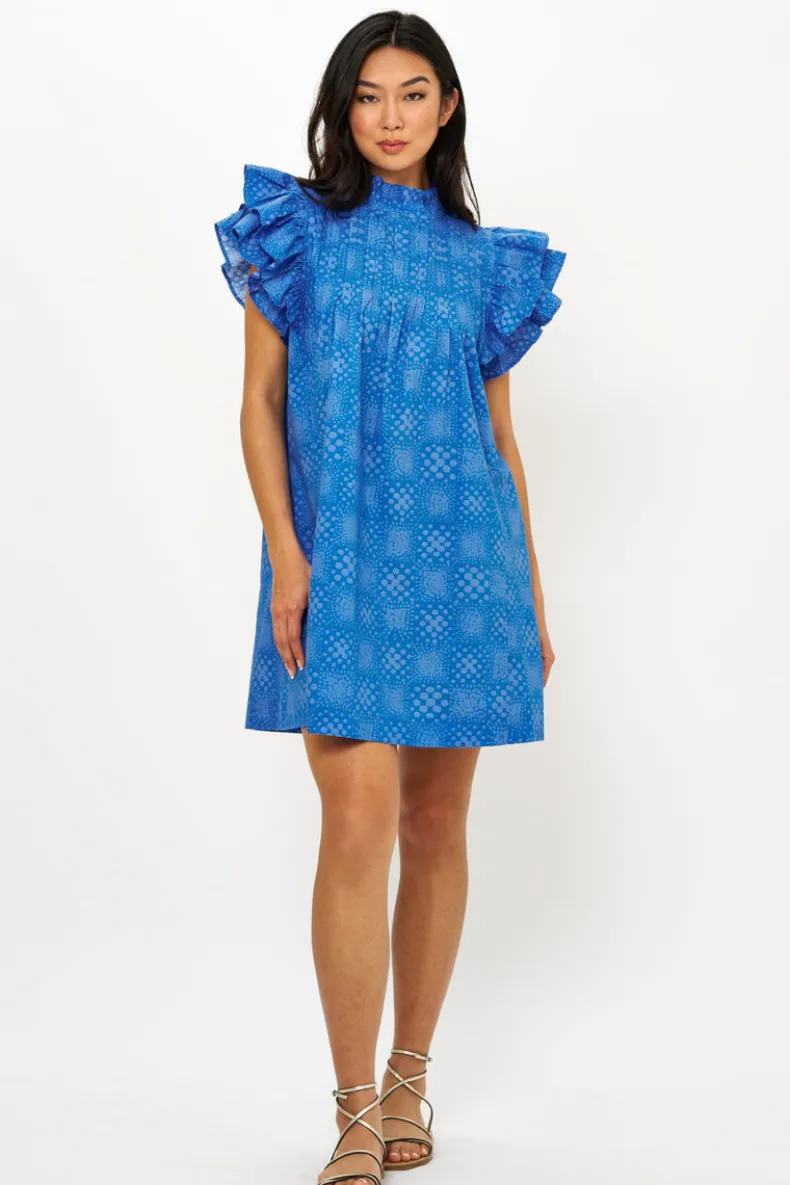 Pintuck Ruffle Mini Dress- Matrix Blue