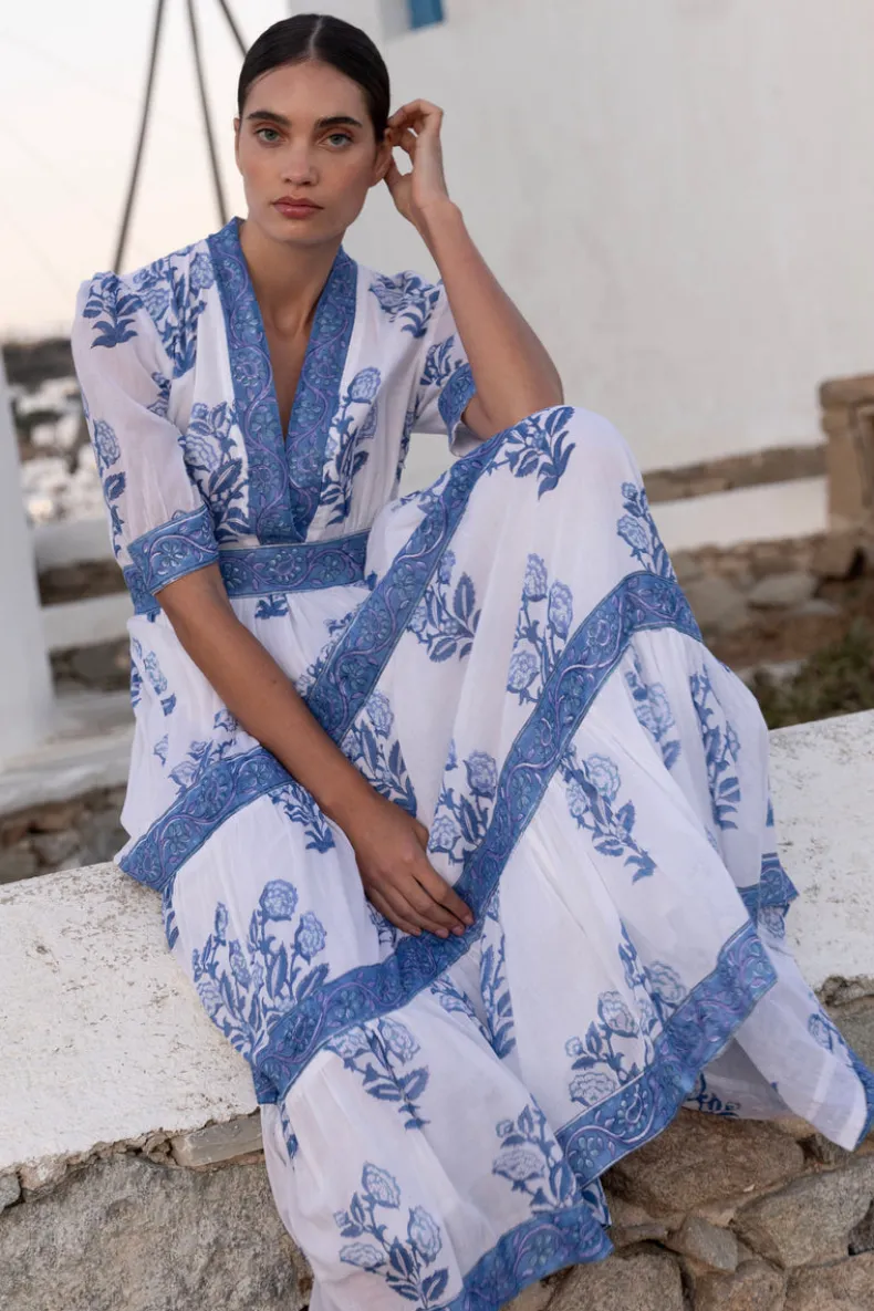 V-Neck Cuffed Maxi- Salvia Blue