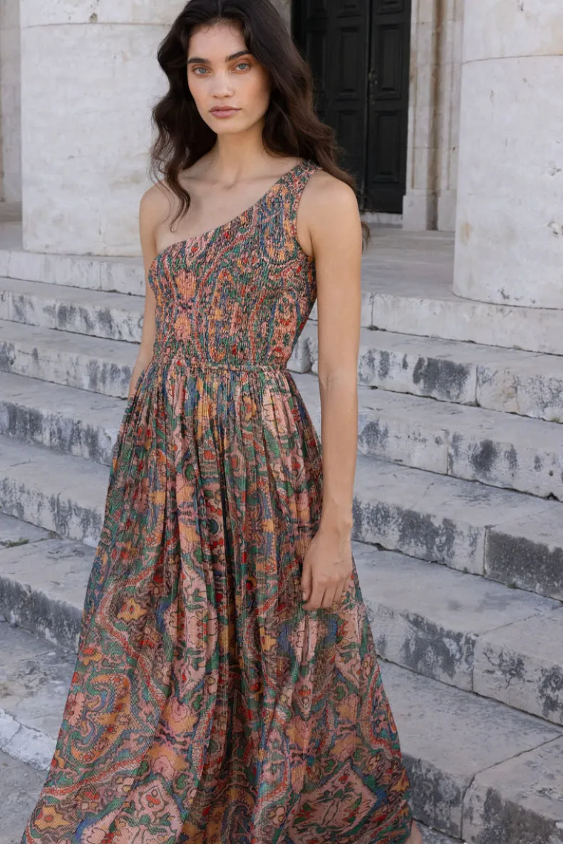 One Shoulder Smocked Maxi- Persia Aqua