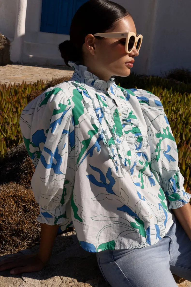 Ruffle Front Button Blouse- Orchid Green