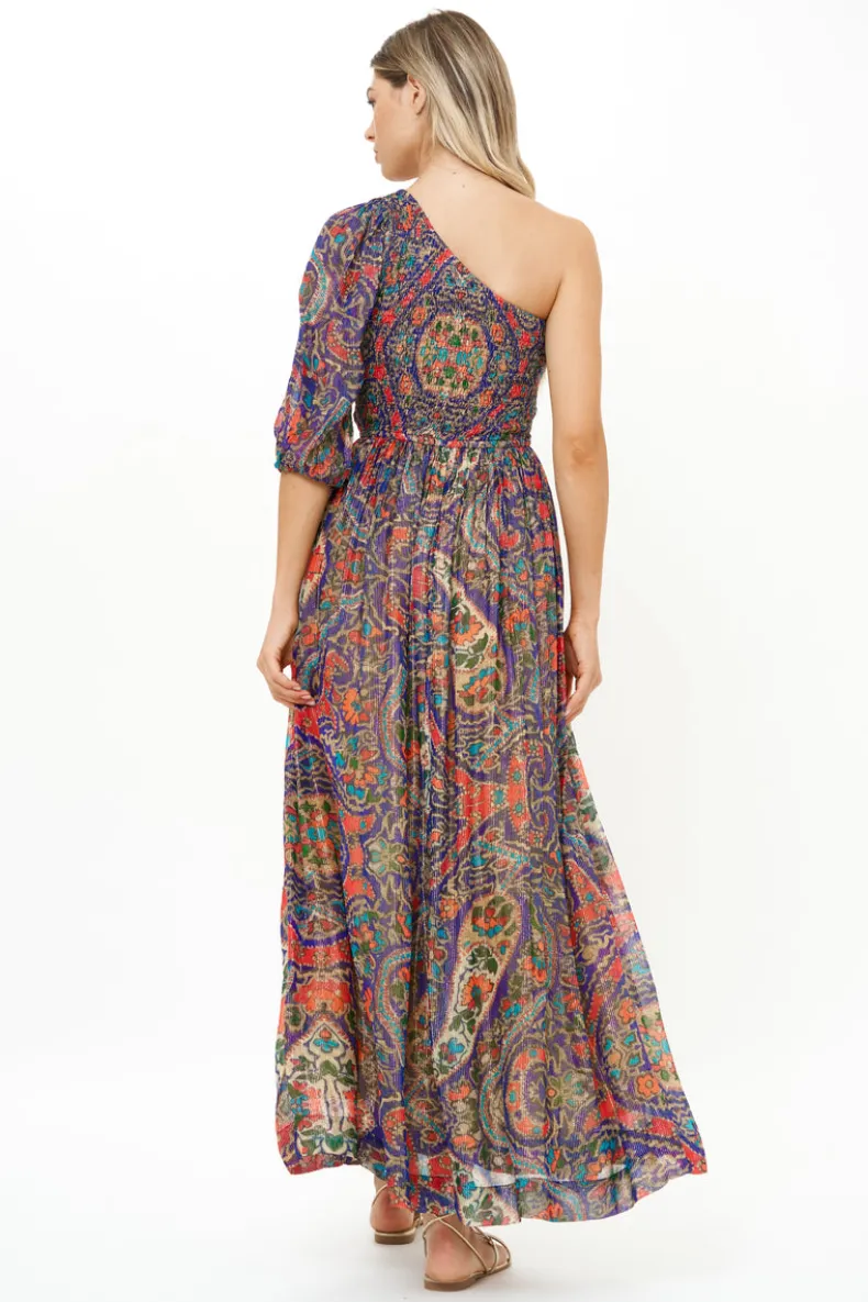 Puff Sleeve One Shoulder Smocked Maxi- Persia Cobalt