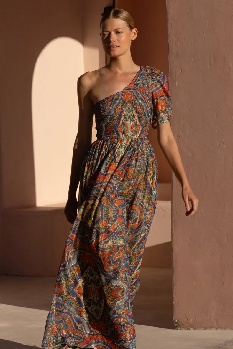 Puff Sleeve One Shoulder Smocked Maxi- Persia Cobalt