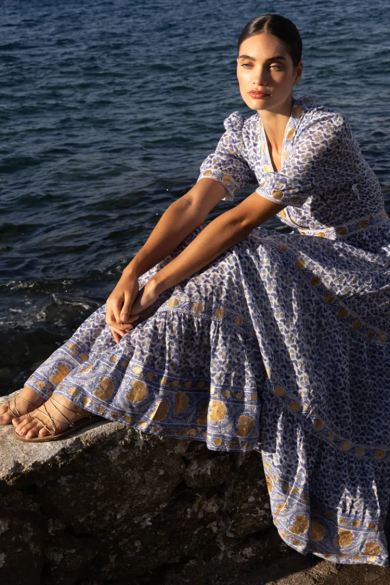 V-Neck Cuffed Maxi- Veranda Blue