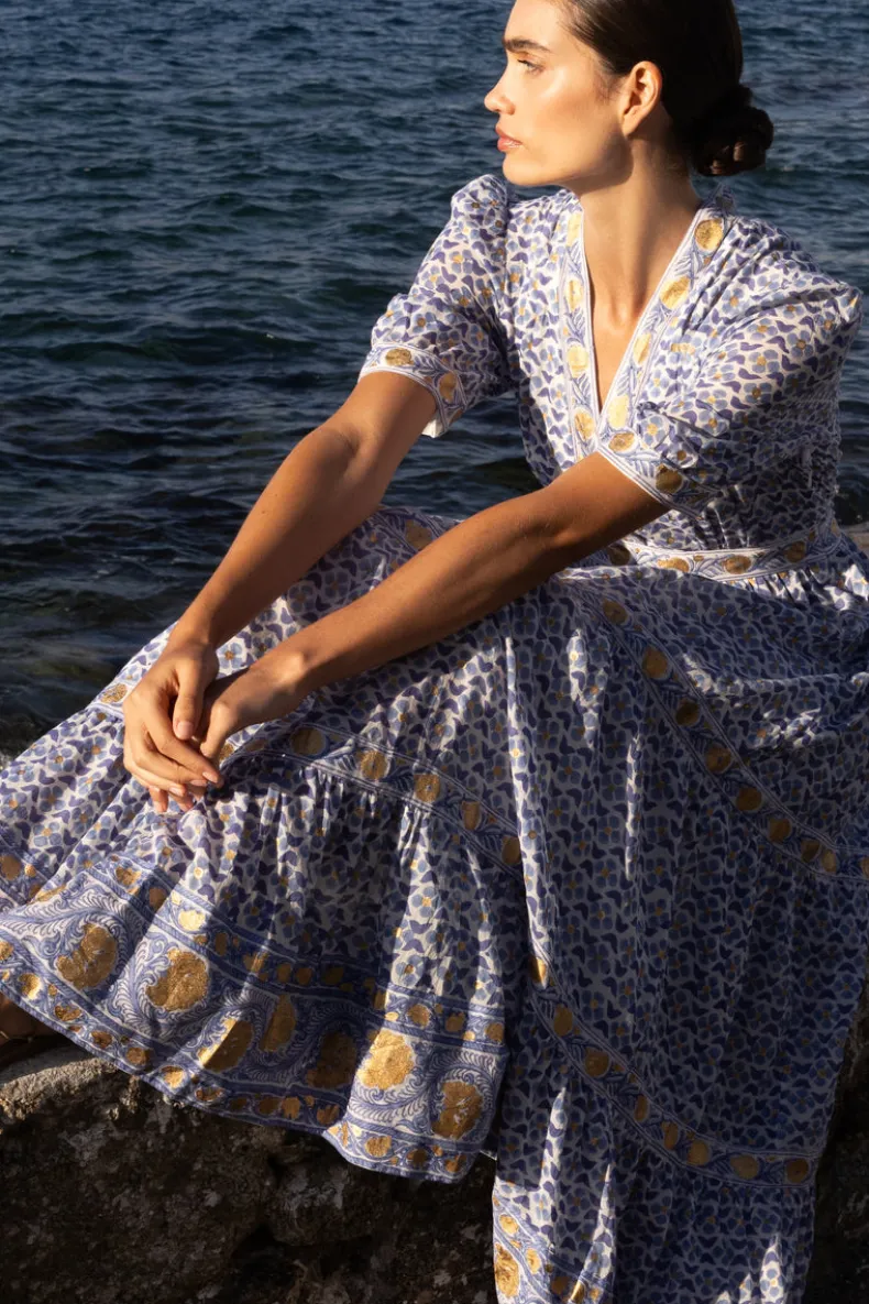 V-Neck Cuffed Maxi- Veranda Blue