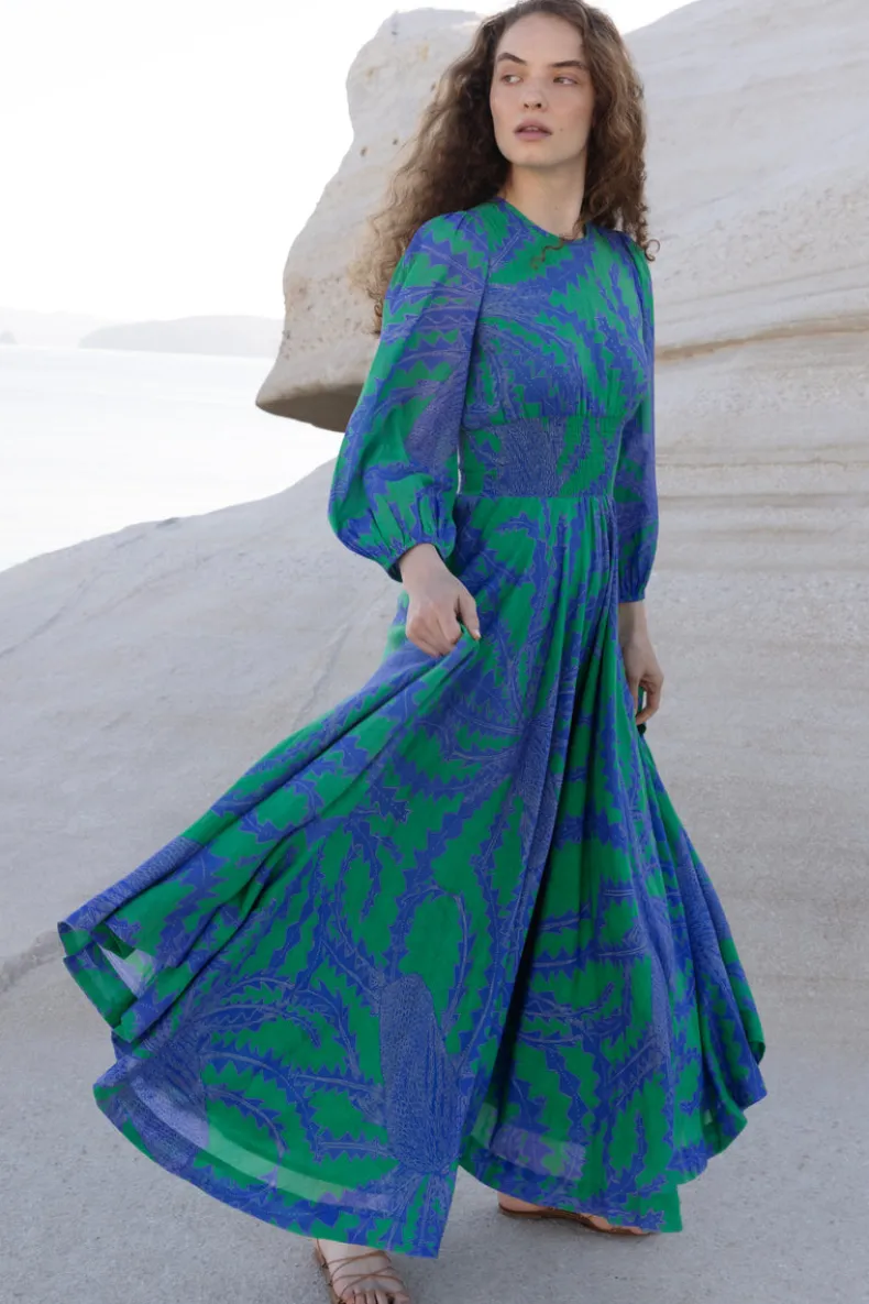 Crew Neck Smocked Waist Maxi- Thistle Green