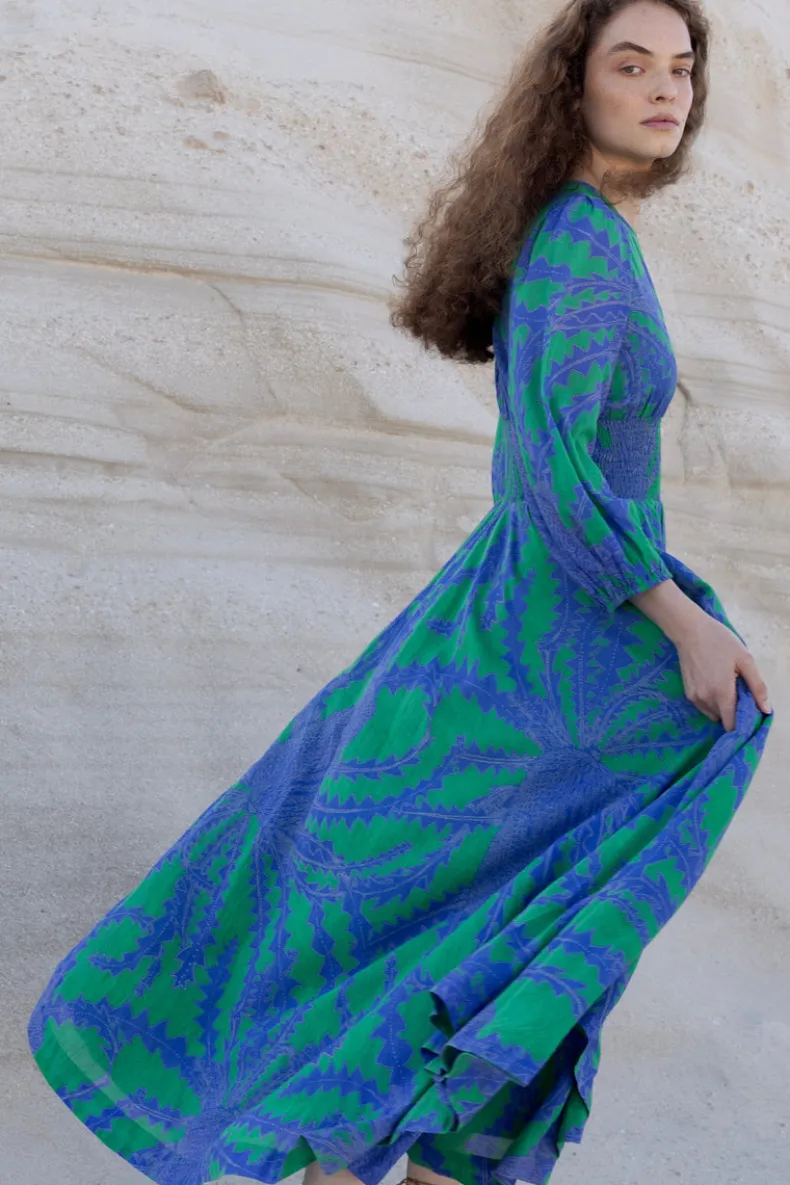 Crew Neck Smocked Waist Maxi- Thistle Green