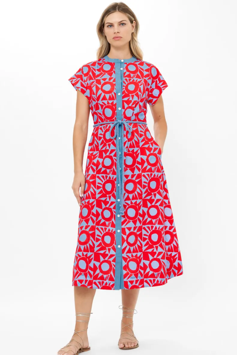 Cap Sleeve Shirt Dress Midi- Eclipse Red