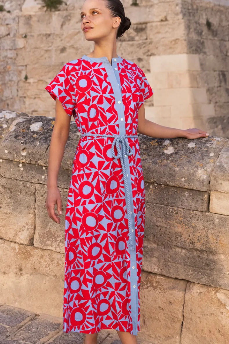 Cap Sleeve Shirt Dress Midi- Eclipse Red