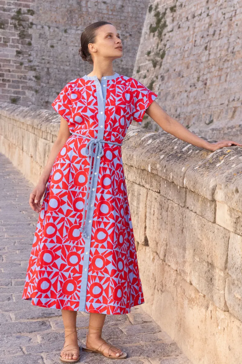 Cap Sleeve Shirt Dress Midi- Eclipse Red