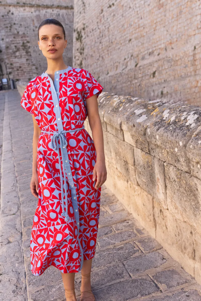 Cap Sleeve Shirt Dress Midi- Eclipse Red