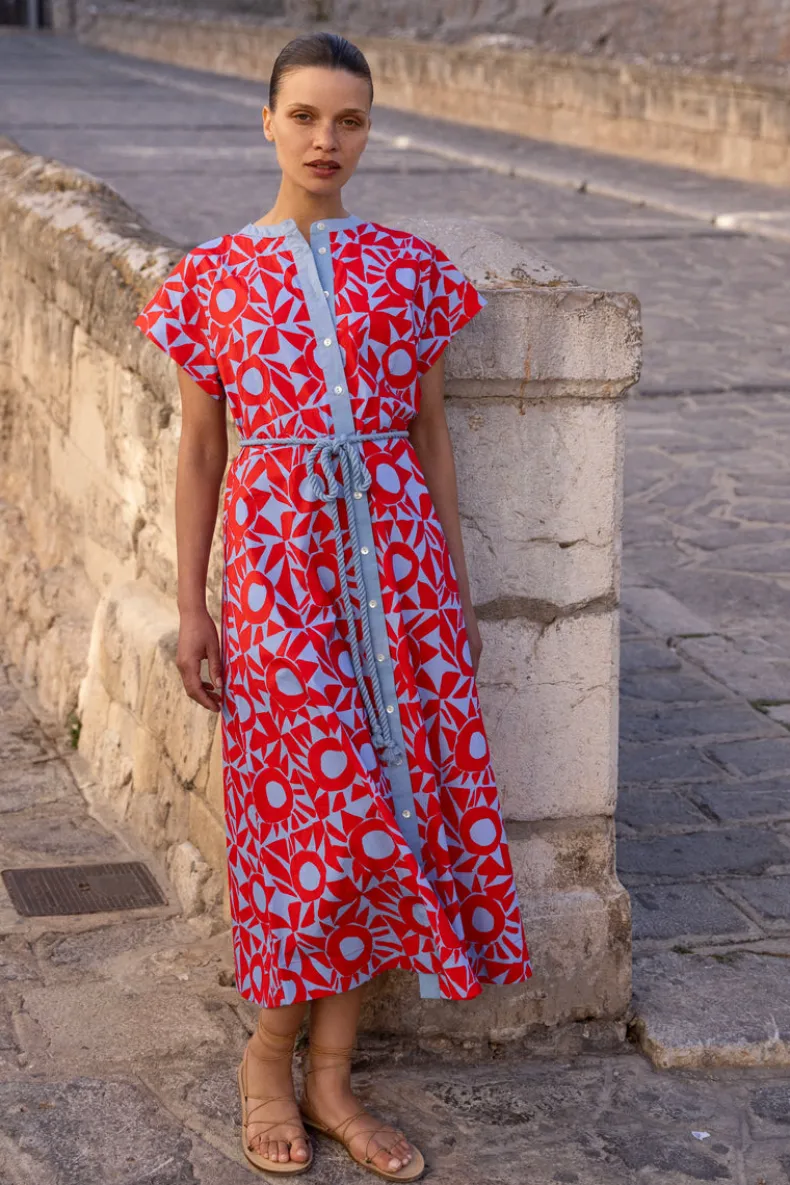 Cap Sleeve Shirt Dress Midi- Eclipse Red