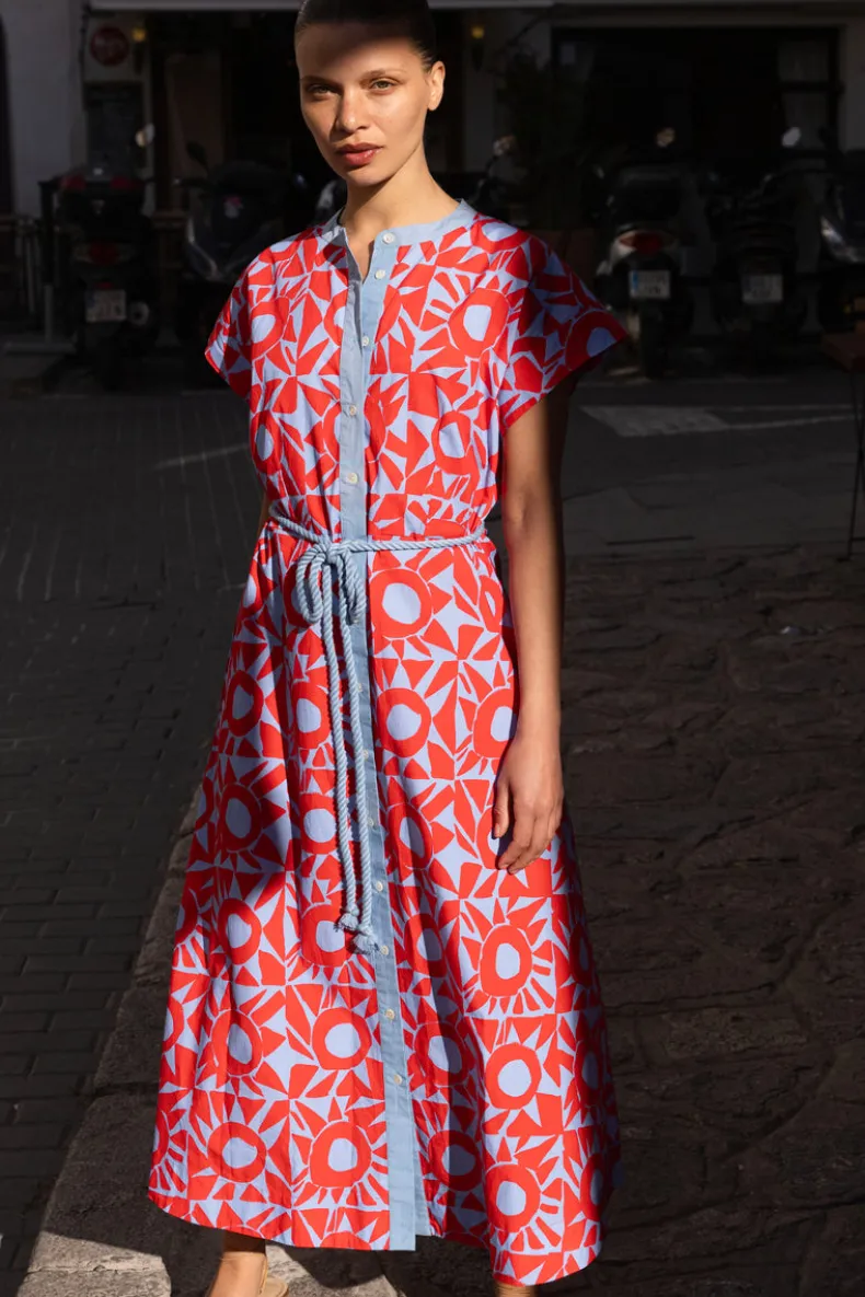 Cap Sleeve Shirt Dress Midi- Eclipse Red