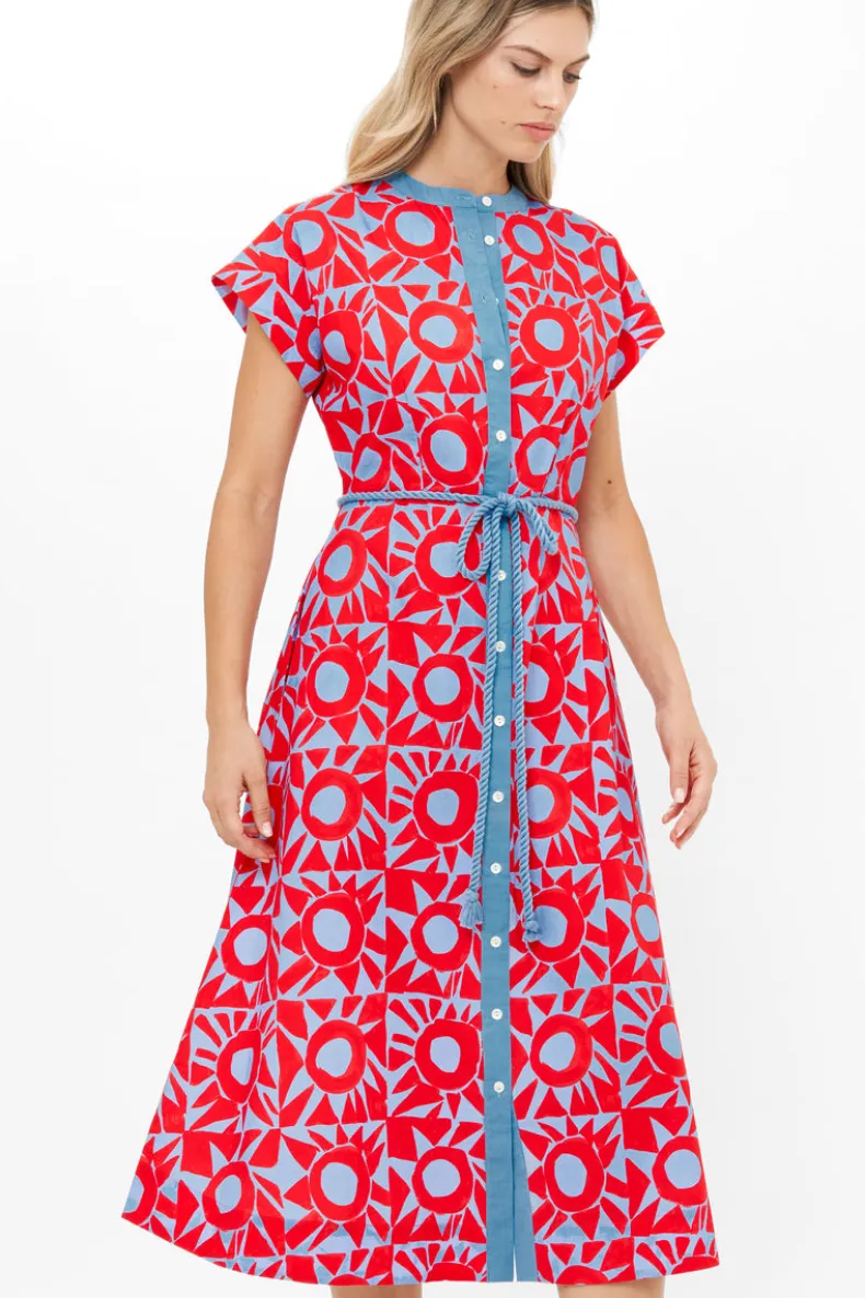 Cap Sleeve Shirt Dress Midi- Eclipse Red